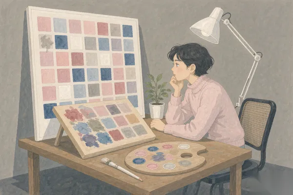 设计师从色板中挑选和谐配色的概念插画